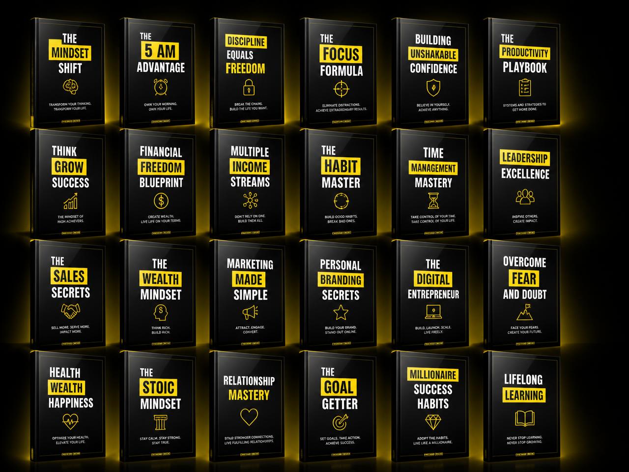 Coleção de capas de eBooks em preto e amarelo